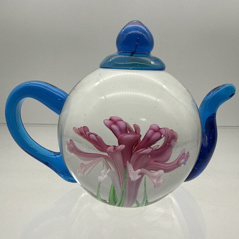 Vintage Dynasty Gallery Glass Teapot Clear Blue Pink Rose Flower Paperweight Art